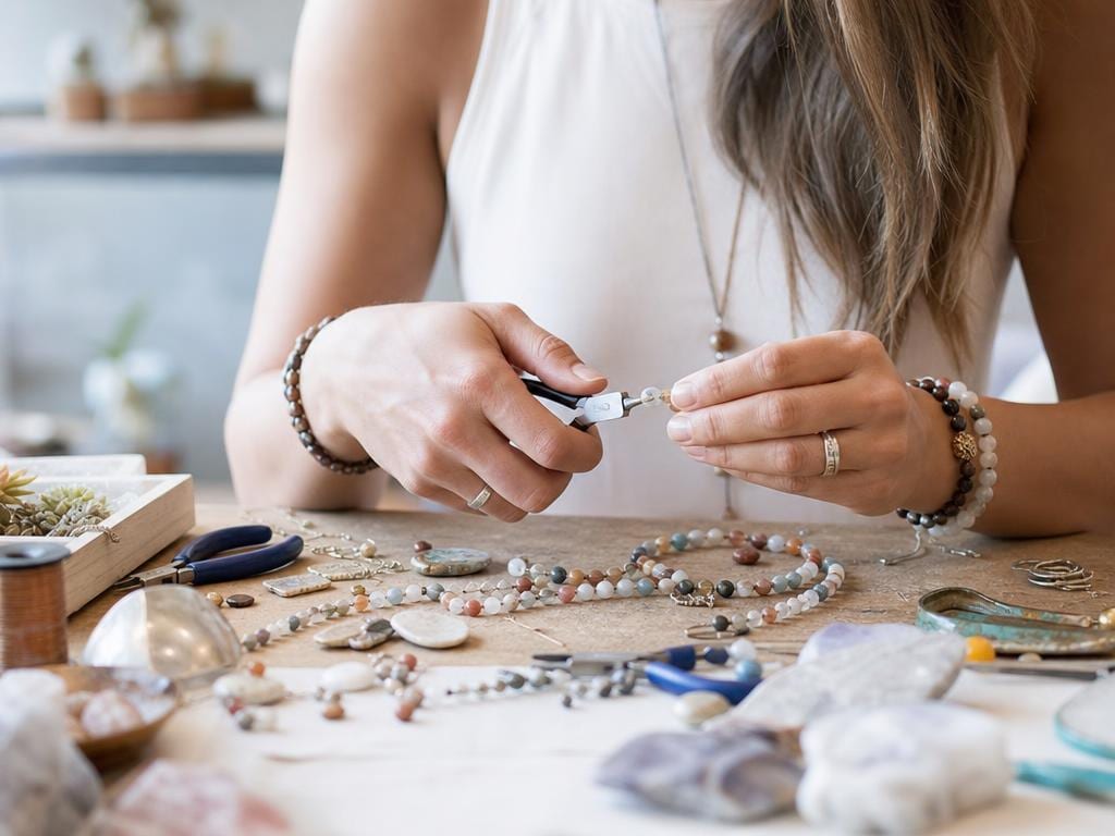 Hands making beaded jewelry at a bright maker workshop