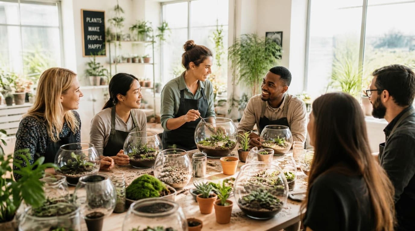 Neighbors making terrariums together at a local workshop