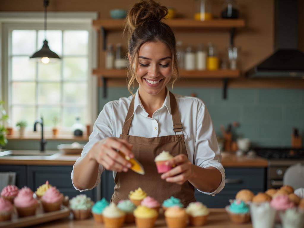 Local baker decorating cupcakes